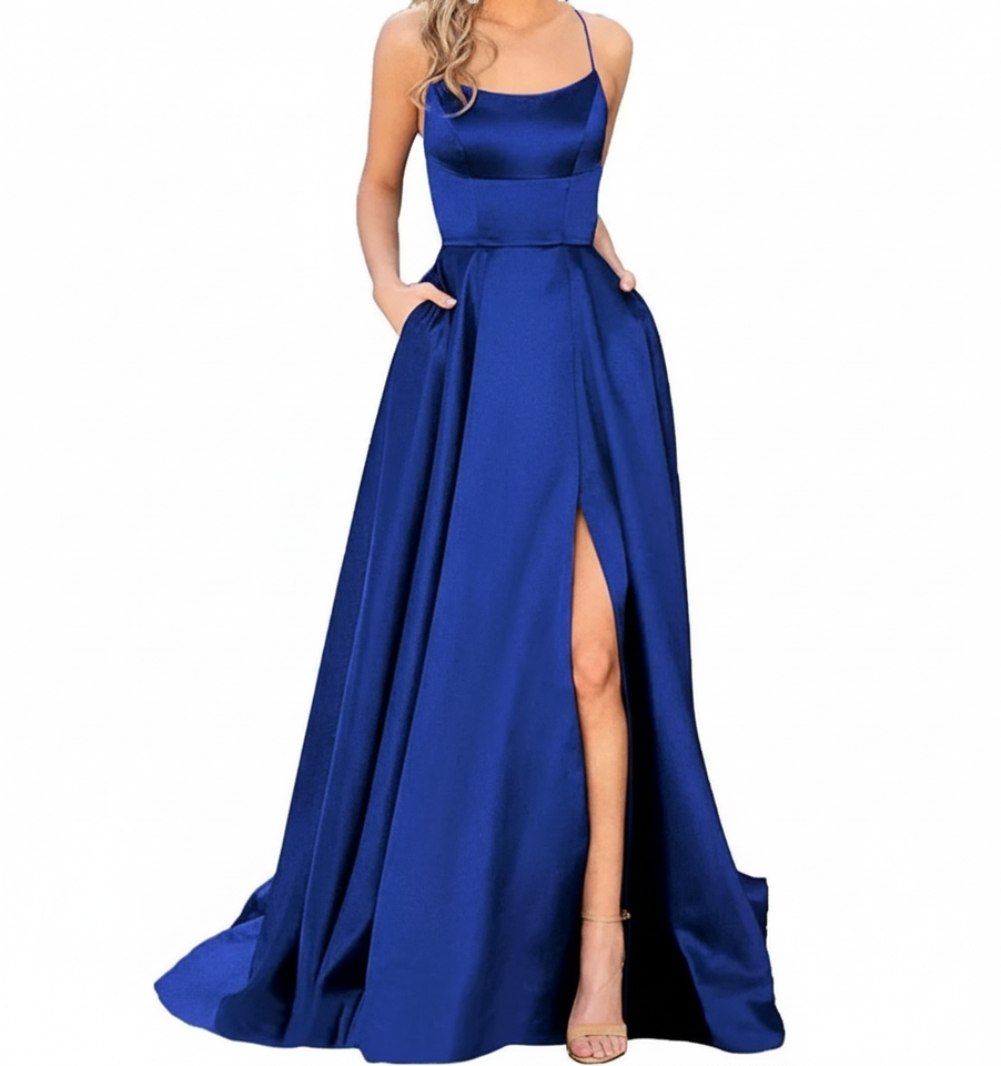 Elegant Royal Blue Backless Satin Evening Gown with Slit