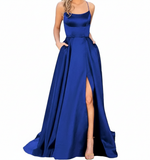 Elegant Royal Blue Backless Satin Evening Gown with Slit